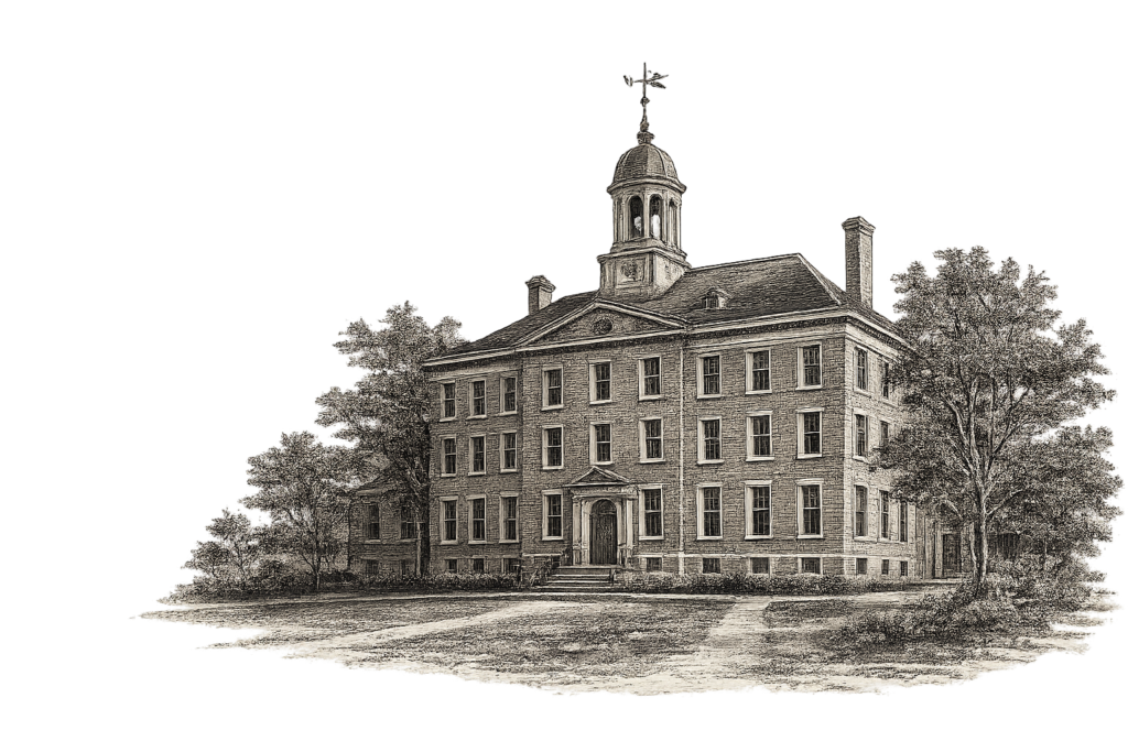 Engraving of Nassau Hall in Princeton during the Revolutionary era